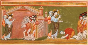 Guarigione dei dieci lebbrosi (manoscritto dal Codex Aureus, 1035-1040 circa, Norimberga)