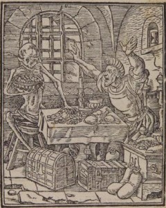 La morte e il servo di Mammona (incisione di H.Holbein, 1547)